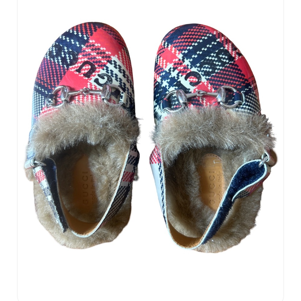 Gucci Kids Plaid Fur-Trim Loafers - Red, Navy, White